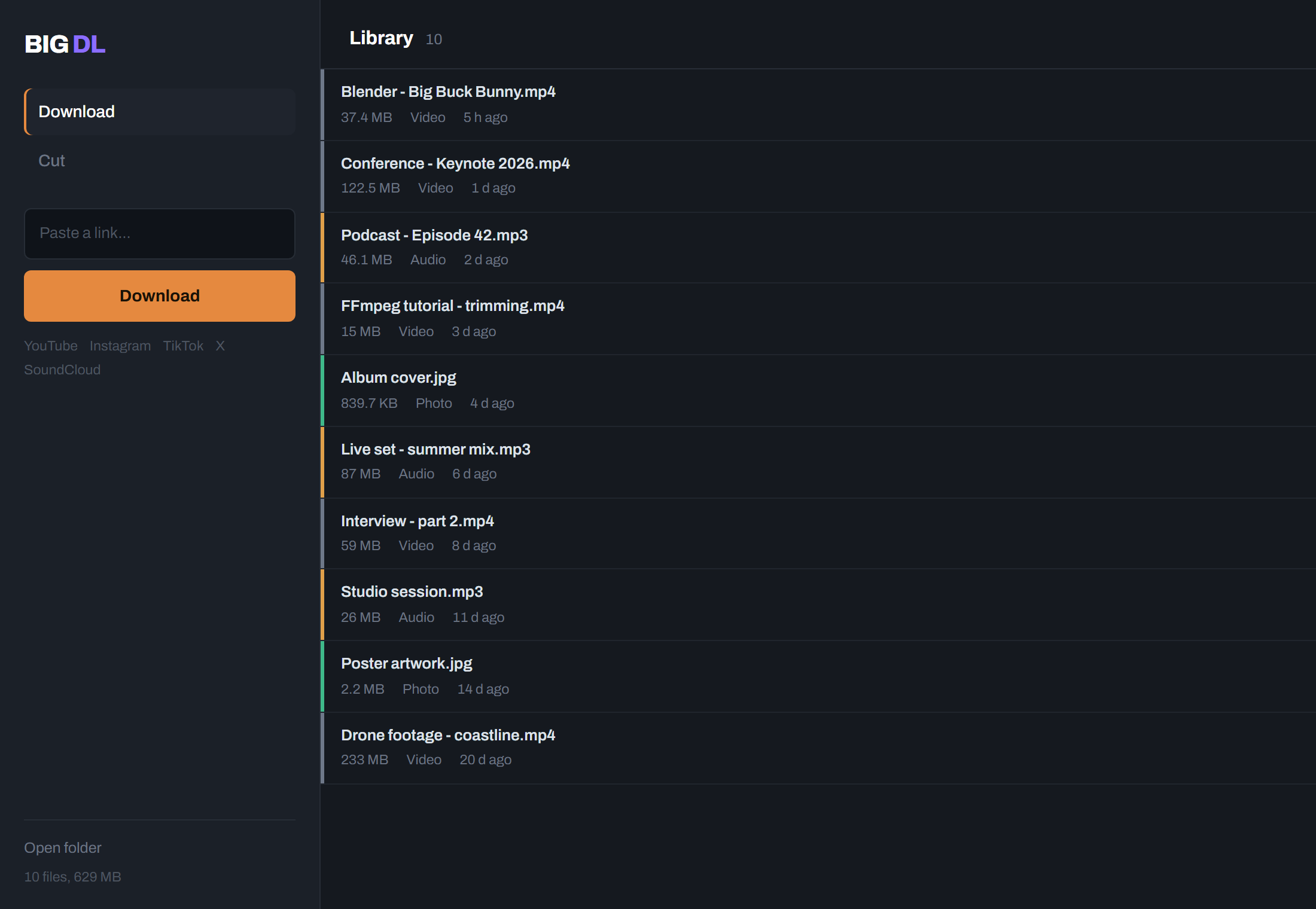 The BIG DL interface: the paste field and tabs on the left, the library of downloaded files on the right.